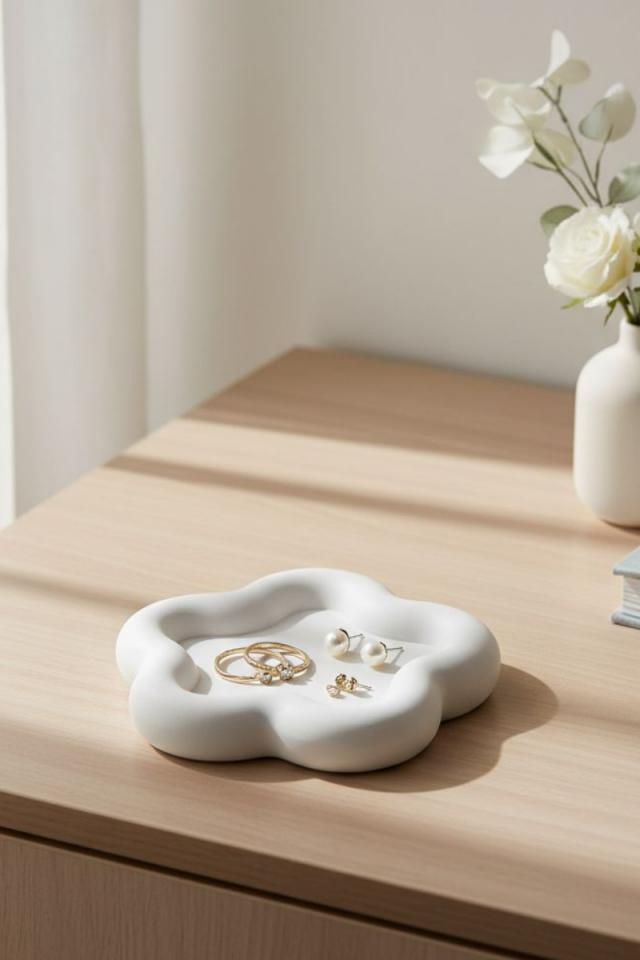 Taş Tozu Kalıbı – Çiçek Şeklinde Dekoratif Beton Tabak, Takı Tabağı – Silikon Kalıp