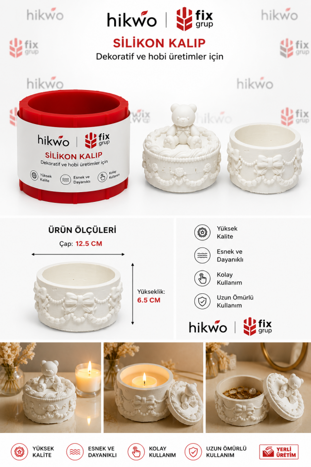 Tatlı Ayıcık Kapaklı Saklama Kabı Silikon Kalıbı - Taş Tozu Kalıbı T323523