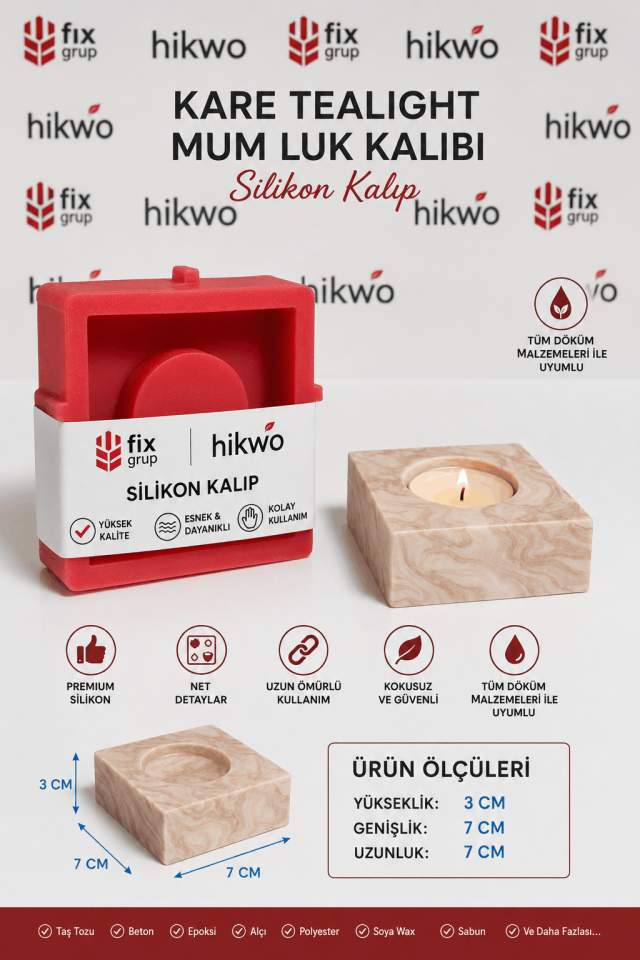 Kare Tealight Mumluk Silikon Kalıp - Taş Tozu Kalıbı T65765