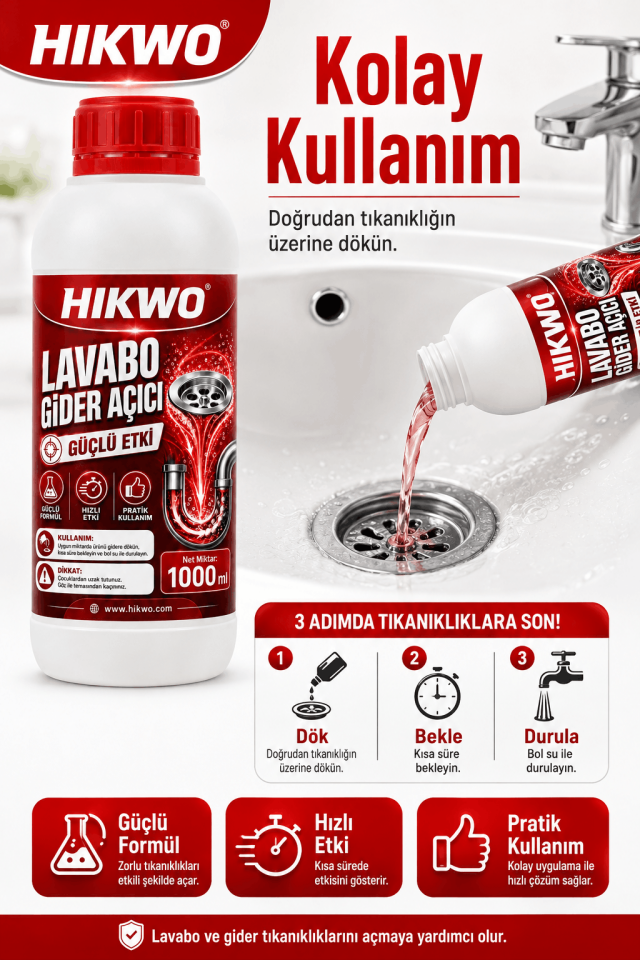 Hikwo Lavabo Gider Açıcı 1000 ml – Güçlü Etki - Pratik Kullanım