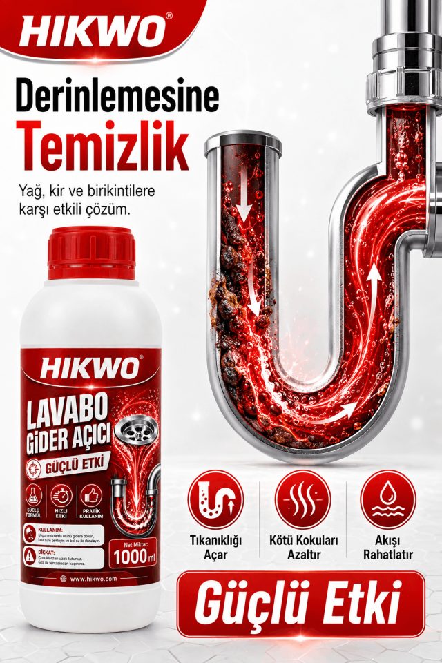 Hikwo Lavabo Gider Açıcı 1000 ml – Güçlü Etki - Pratik Kullanım