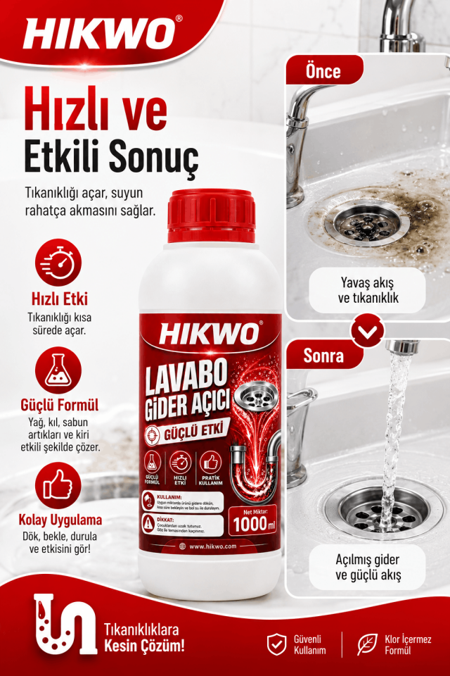 Hikwo Lavabo Gider Açıcı 1000 ml – Güçlü Etki - Pratik Kullanım
