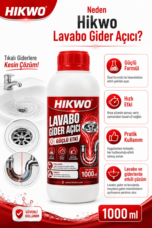 Hikwo Lavabo Gider Açıcı 1000 ml – Güçlü Etki - Pratik Kullanım