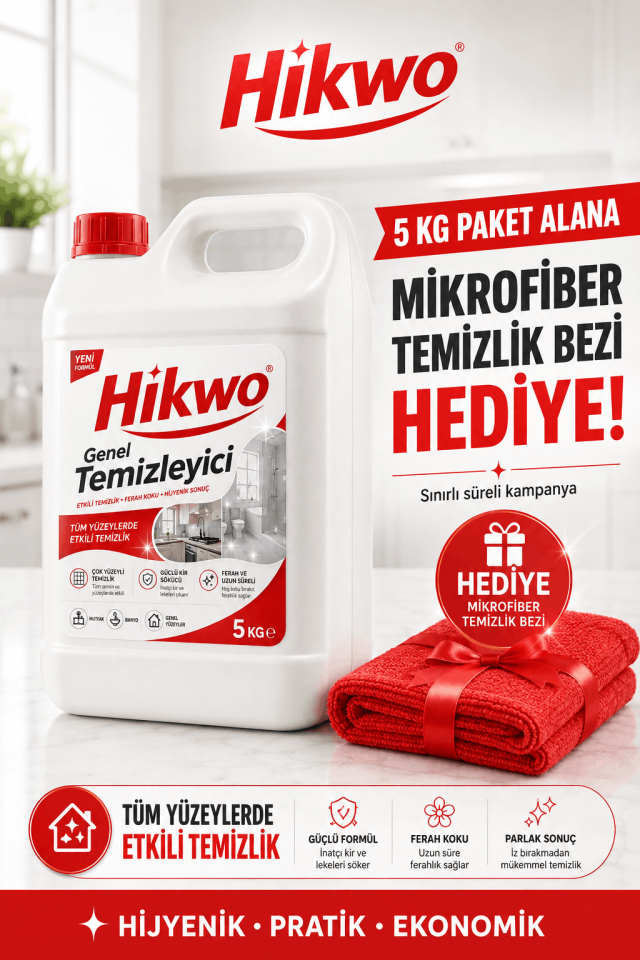 Hikwo Genel Temizleyici 5 KG - Genel Temizlik Deterjanı - Mikrofiber Temizlik Bezi HEDİYELİ